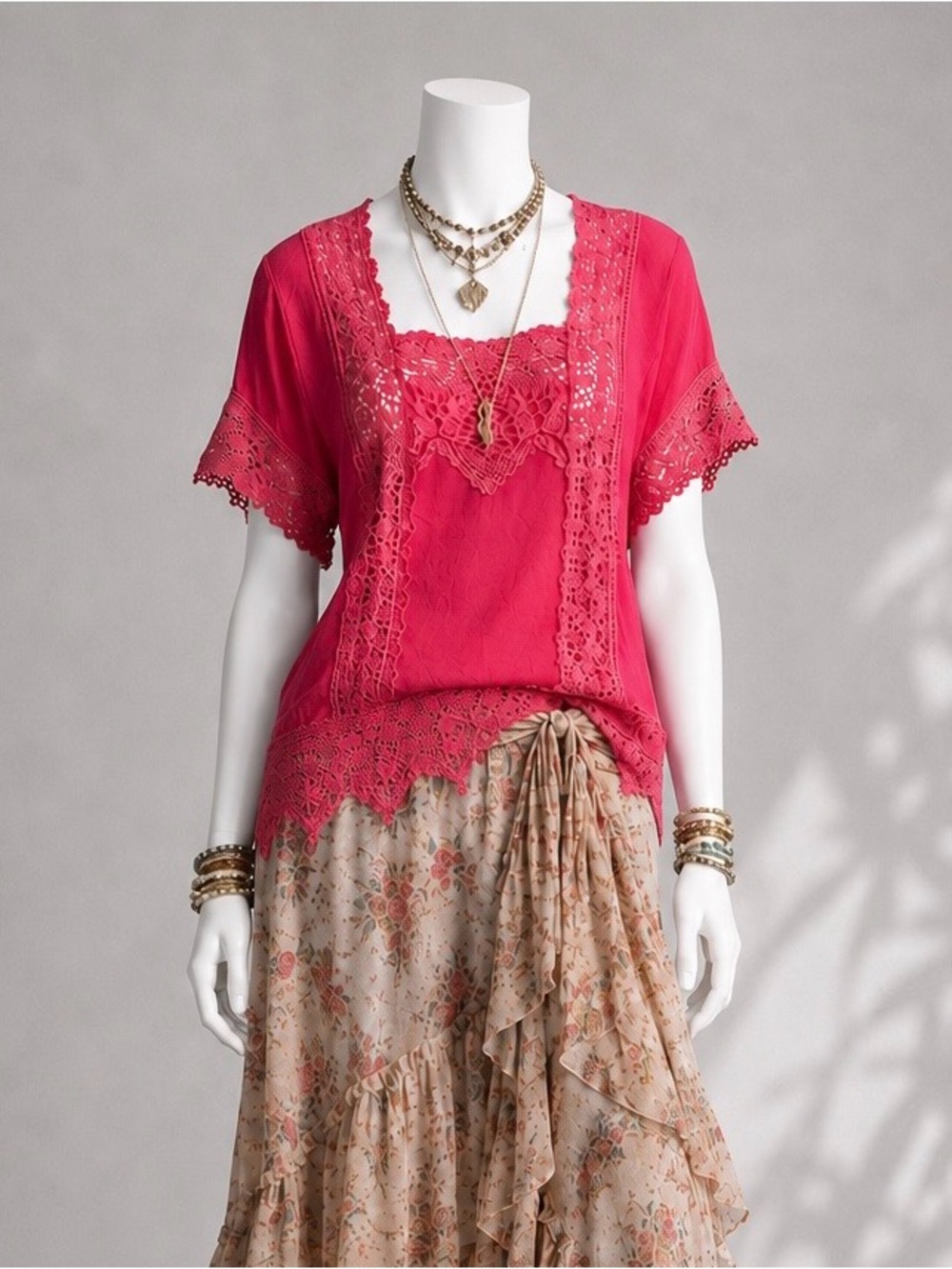 Johnny Was Boho Top Sheer Hot Pink Crochet Lace Trim Festival Resort Blouse S